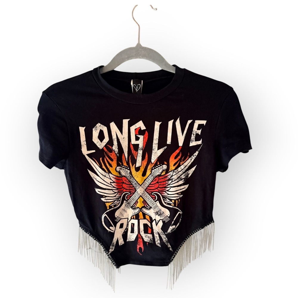 Windsor Small Black Long Live Rock Graphic Fringe Hem Cropped T-Shirt Festival